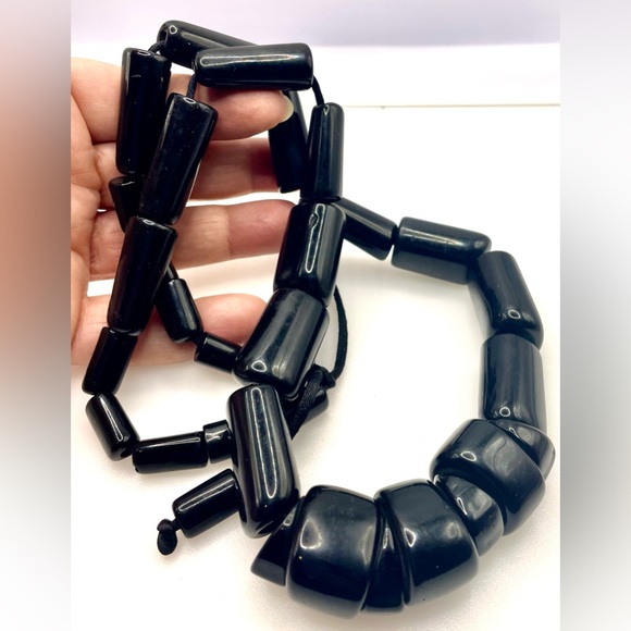 Vintage Large Black Lucite Beaded Necklace on Satin Cord Chunky Bold Statement - Picture 6 of 6